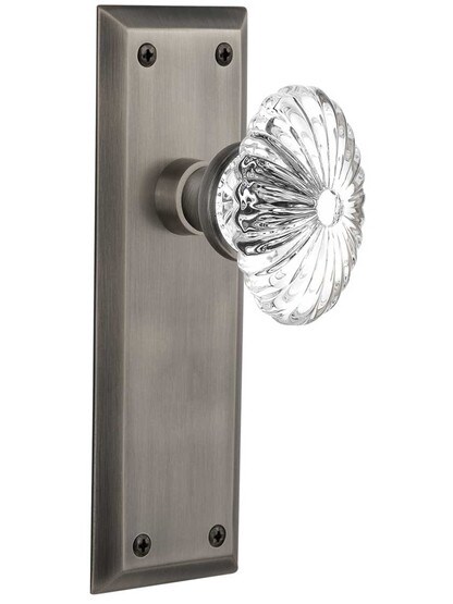 New York Style Door Set with Oval Fluted Crystal Glass Knobs in Antique Pewter.